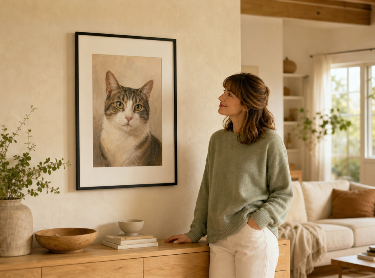 A framed oil-painting pet portrait on a warm ivory wall, with a person standing beside it