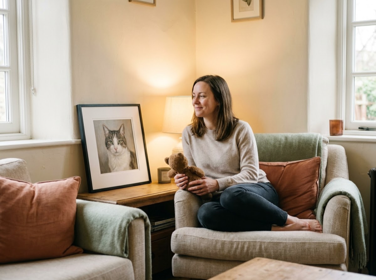 A person sitting beside a framed pet portrait, holding a small worn toy